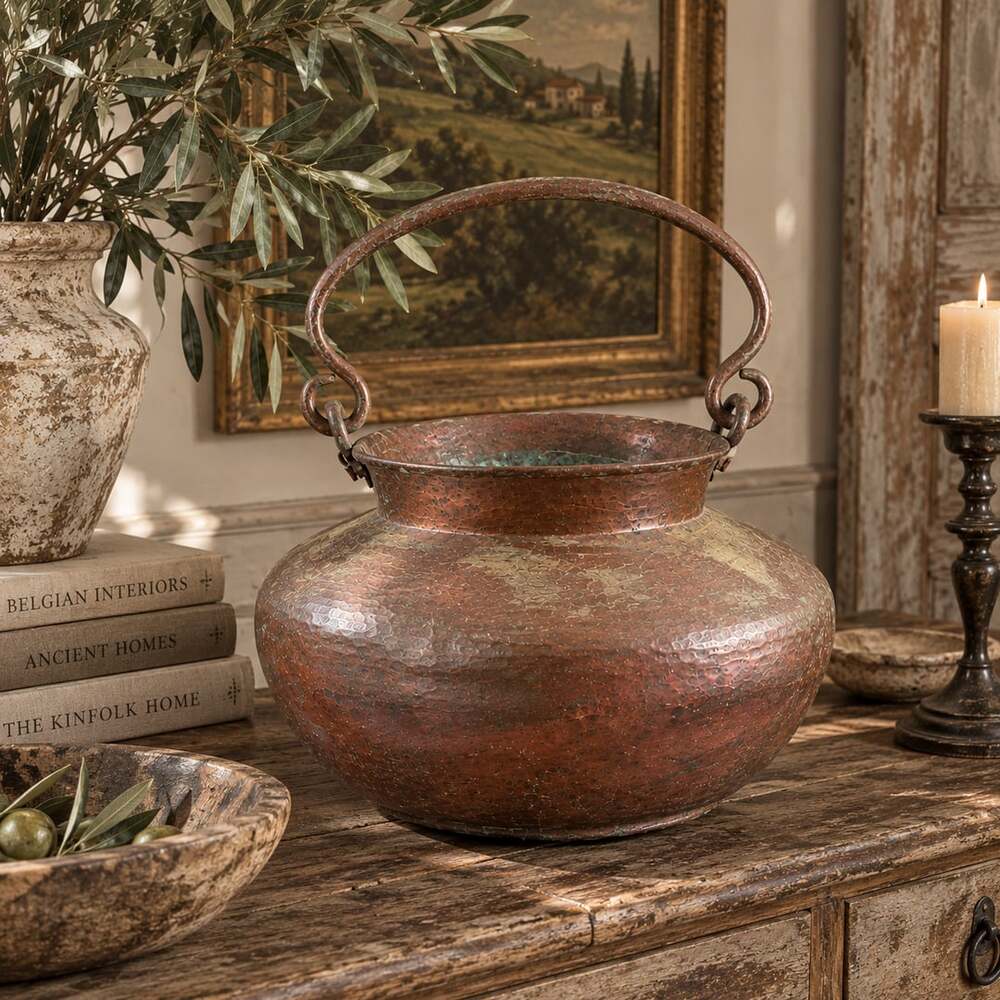 Antique Hand Hammered Copper Pot Cauldron Bail Handle Verdigris Patina Primitive
